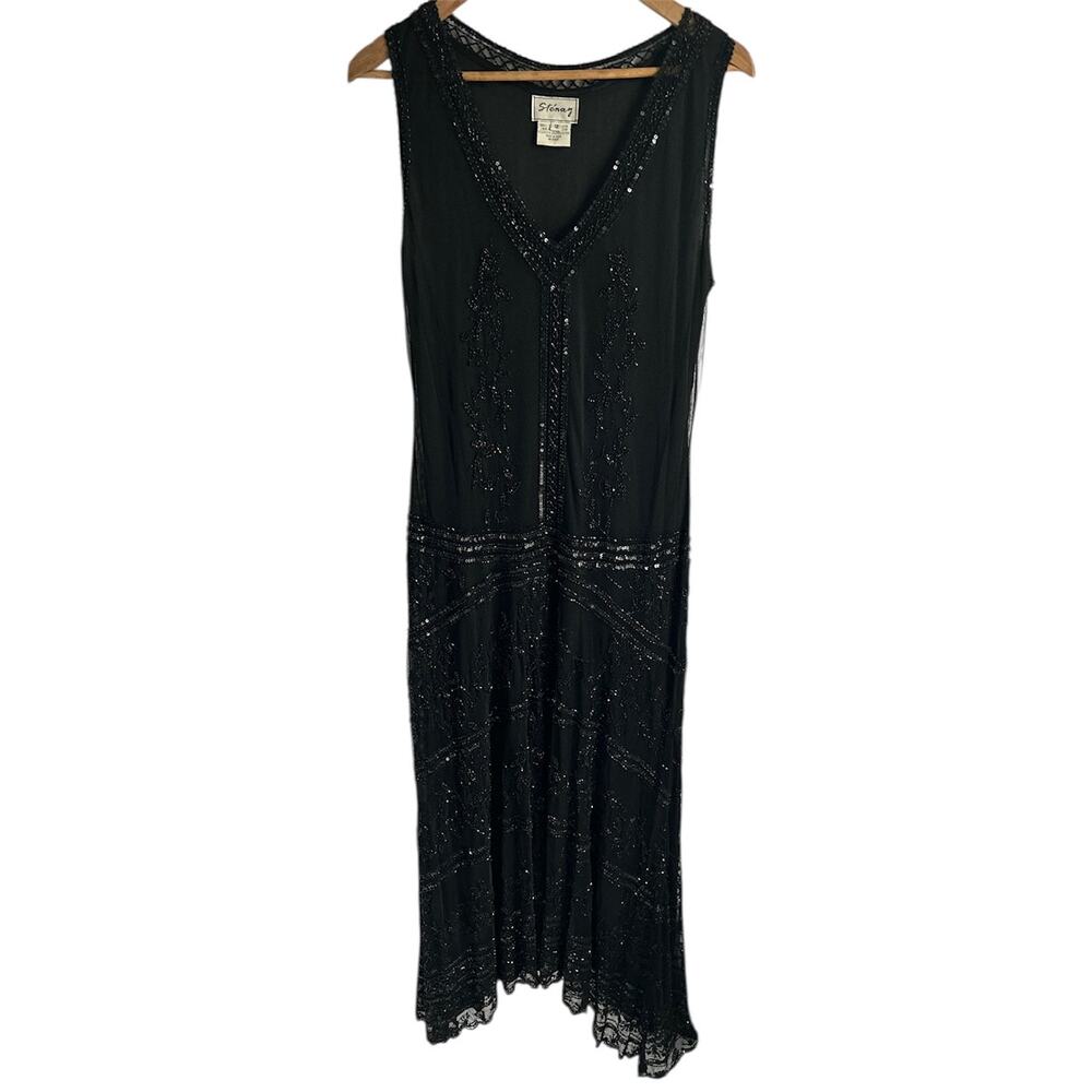 VTG Sténay Size 12 Black Sleeveless Evening Dress‎ Intricate Beaded V Neck 1920s